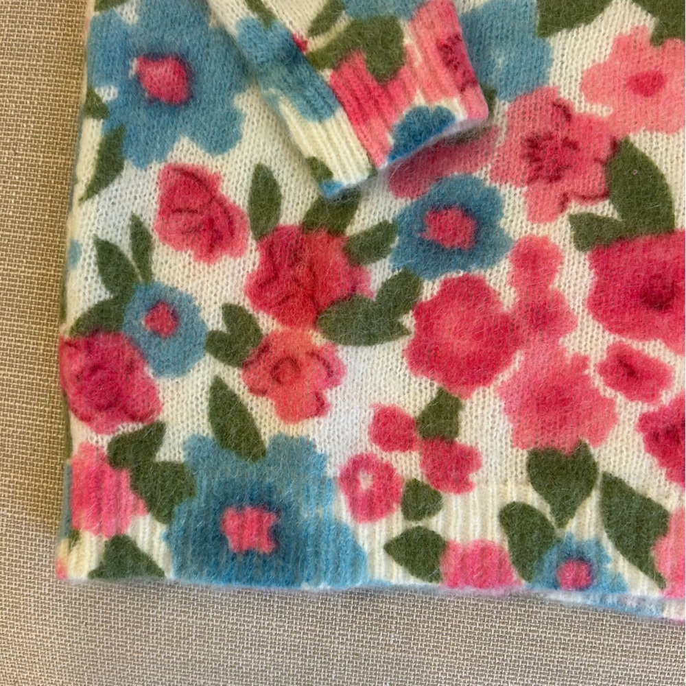 Sezane Janelia Jumper Sweater - Pink Flowers/ Turquoise Kid Mohair Knit French - Picture 8 of 11